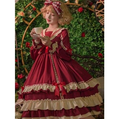 Red Blue Vintage Lolita Op Long Sleeve Women Dress Retro Court Kawaii Style High Waist Lolitas Princess Dresses Goth Navy Collar