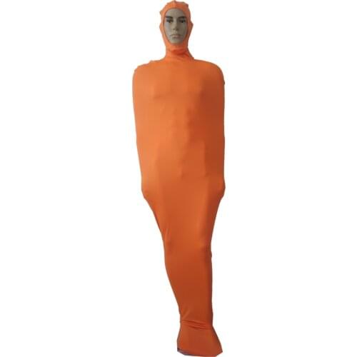 Orange Men‘s Bondage Mummy Clothes Zentai Suit Full Tights Cosplay bodysuit Bag Stage Props Sexy Adult Fancy Dress open face