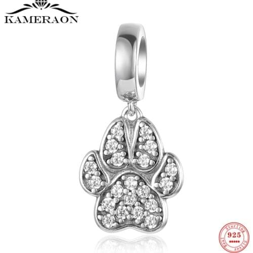 Real 925 Sterling Silver Pet Footprint Shape Zircon Beads for Women Charm Bracelet Beads for Jewelry Making Necklace Design