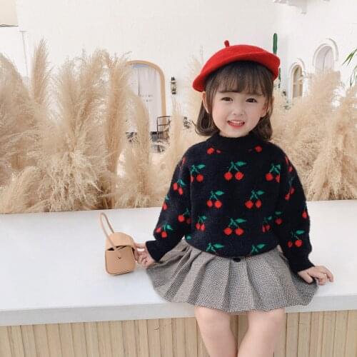 Autumn Winter Baby Girls Sweaters Fashion Cute Cherry Mink Fleece Child Sweater For Girl 2 3 4 5 6 Y Kids Loose Pullover Sweater