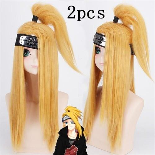 Anime Akactuki Long Gold wig Deidara Cosplay Props With Headband Heat-resistant Fiber Hair with Wig Cap Halloween