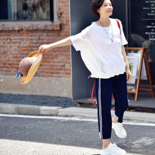 MICOCO N0722C Korean version of the fashion side joint strip thin and comfortable Elastic waist Thin section eight jeans