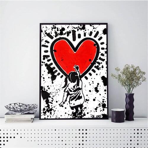 HD Spray Canvas Painting Girl Draw Red Heart Love Painting Art Poster Print Graffiti Street Canvas Home Decor Picture Wall Print