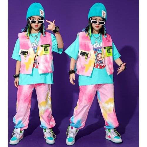 Summer Girls Street Dance Costume Suit Hip Hop Jazz Dancing Competition Clothes Performance Dancewear Tie Dye Streetwear YS2077