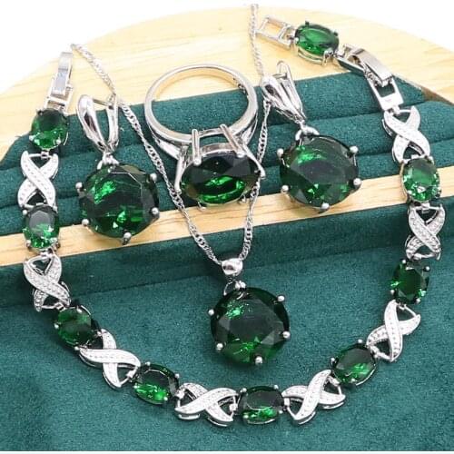 Round Green Emerald 925 Sterling Silver Jewelry set for Women Party Bracelet Earrings Necklace pendant Ring Birthday Gift