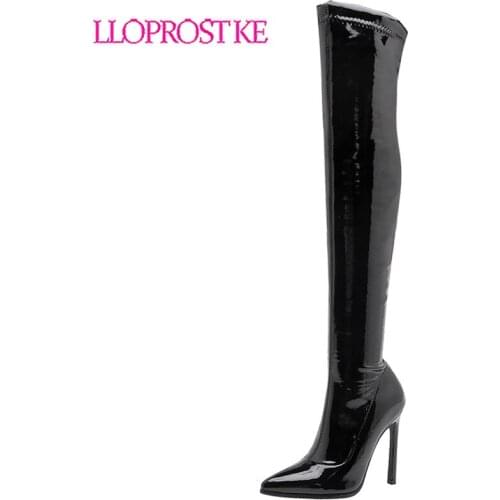 Lloprost ke big size 43 stretch PU leather over the knee boots women lady stiletto heels pointed toe slim leg winter boots shoes