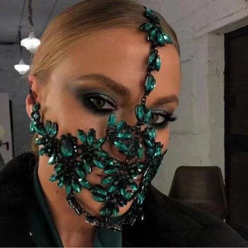 Bling Crystal Vintage Green Cover Face Jewelry Masks Decoration for Women Luxury Rhinestone Black Flower Mask Face Accessories
