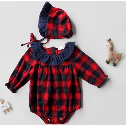 My first christmas girl set long sleeve romper +cap baby sets plaid cotton baby christmas outfits
