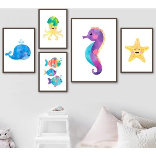Wall Art Canvas Painting Whale Hippocampus Starfish Sea World Cartoon Nordic Posters And Prints Wall Pictures For Kids Room Girl