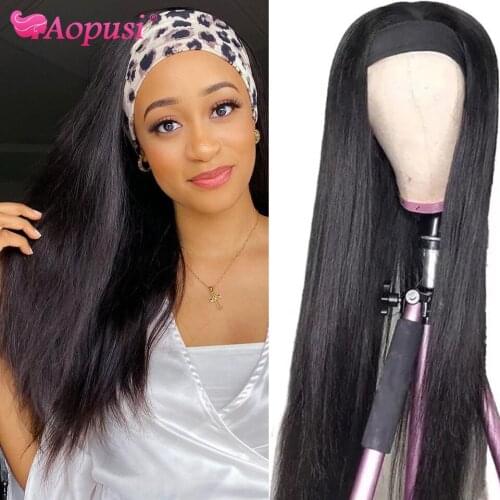 Aopusi Wigs Headband Wigs Straight Human Hair Wigs Full Machine Made malaysian Hair Wigs For Women 8-28 In 100% Remy Hair