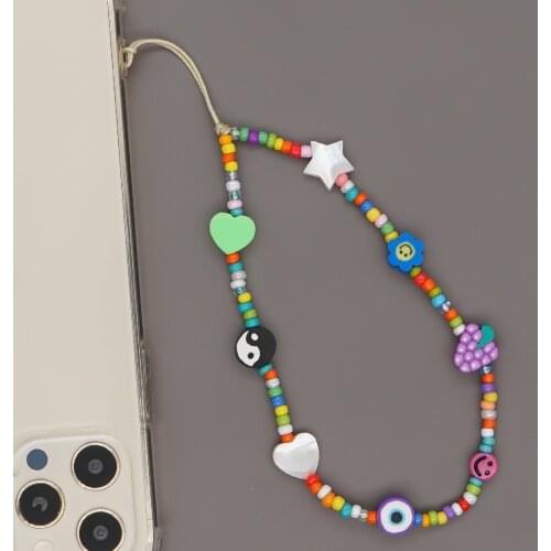 Mobile Phone Strap Lanyard Colorful Yin Yang Happy Face Smile Pearl Soft Pottery Rope For Cell Phone Case Hanging Cord For Women