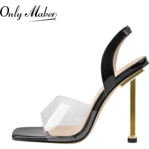 Onlymaker Concise Summer Slip-On Square Toe Sandals Metal Stiletto High Heel Elastic Band Black Patent Leather PVC 2021 Fashion
