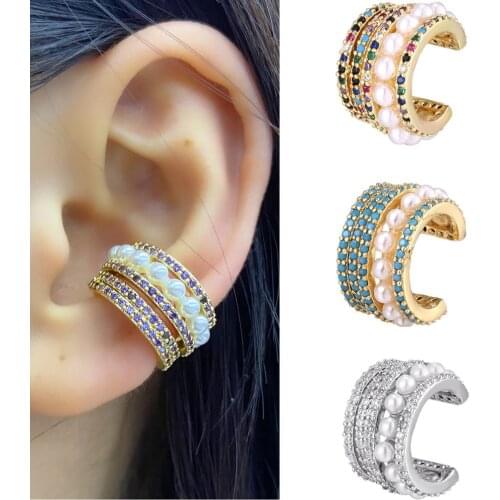 HECHENG 1pc pearl ear bone cilp wholesale for women and gilrs fashion rainbow cubic zircon stone earring