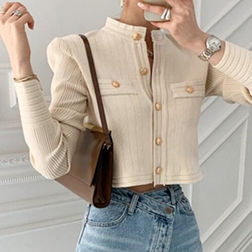 Blue Knitted Cardigan Woman 2021 Gold Button Vintage Sweater Female Single-breasted Business Cropped Sweater Woman Tops
