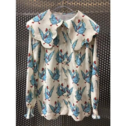 Style 10.28 Women New Shirt Lapel Single Breasted Swan Print Jacquard Pattern Long Sleeve Vintage Loose Blouse