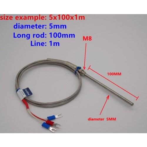 High-quality PT100 probe 2m RTD Cable Stainless Probe 100mm 3 Wires Temperature Sensor -50 C to + 400 C Thermocouple 5X100X1M