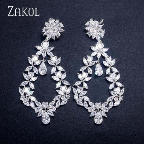 ZAKOL Vintage Design Large Party Jewelry Cubic Zirconia Setting Long Flower Drop Big Size Fancy Earrings for Women FSEP336