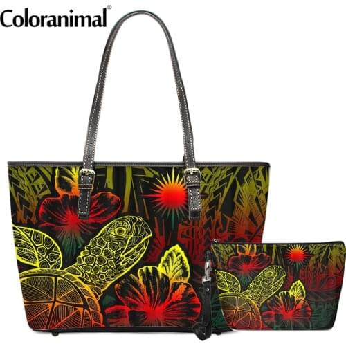 Coloranimal Polynesian Turtle Hibiscus Printed Shoulder Bag for Women Polynesia Style 2Pcs/Set PU Crossbody Bag&Wallet Hot 2020