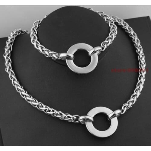 Womens Fashion Jewelry Gift Silver Stainless Steel Wheat Chain Round Charm Necklace Choker Bracelet Set