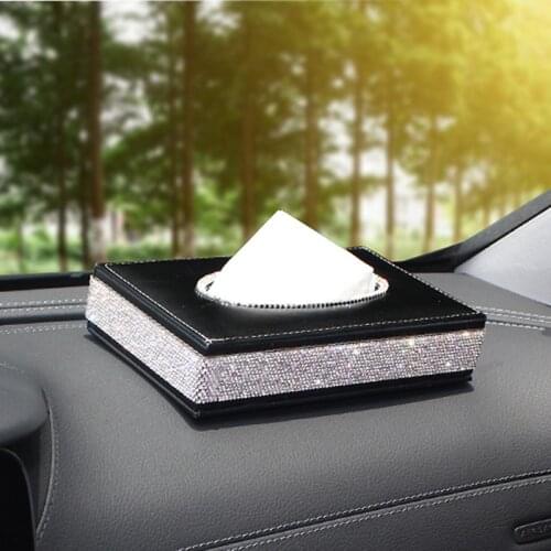 Lady crystal rhinestones car tissue box PU Leather with diamond pater towel case napkin Storage boxes anti slip mats padding