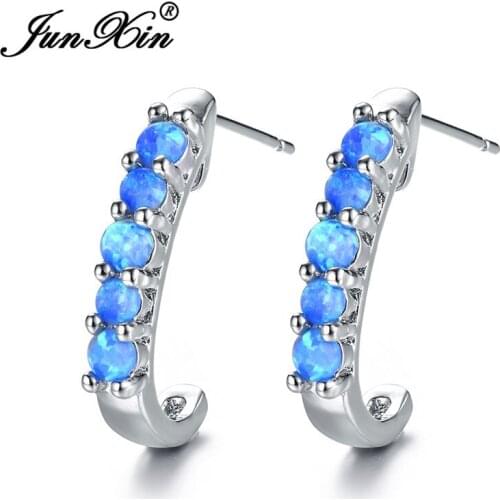 JUNXIN White Gold Filled Half Circle Stud Earrings For Women Rose Gold Mystic Blue White Fire Opal Earrings Female Wedding