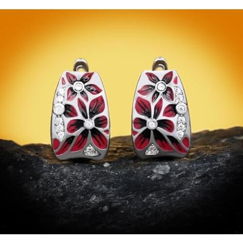 Exquisite 925 Silver Earring for Women Shiny Zircon Red Enamel Stud Earrings Ladies Huggie Earring Wedding Party Jewelry