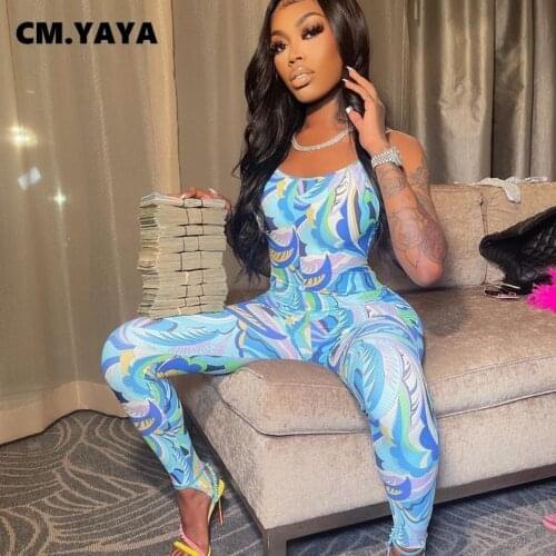 CM.YAYA Women Jumpsuit Tie Dye Print Spaghetti Strap Backless Sheath Elastic Pencil Jumpsuits Sexy Fashion One Piece Overalls