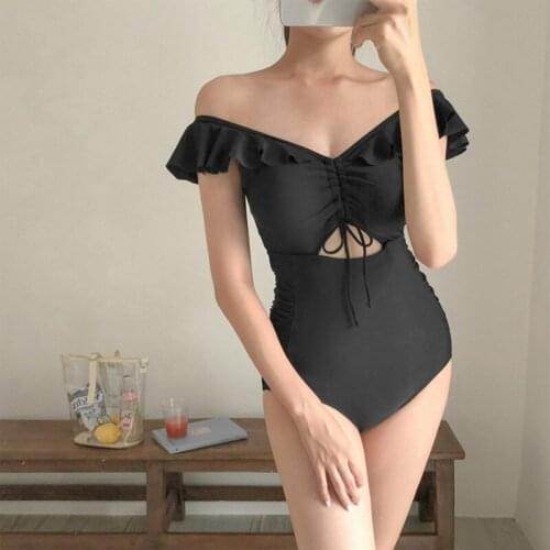 2021 New one-word shoulder swimwear women retro sexy small fragrance style backless body cover to show thin black swimwear