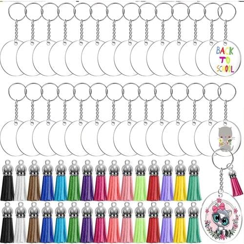 1 Set Acrylic Clear Circle Blanks Keychain Tassels Set Acrylic Circle Keyring Tassels Jump Rings for Jewelry DIY Keychains