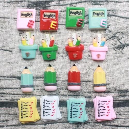 10pcs/lot kawaii planar resin school items books pencil cabochons resin flatback resin crafts accessories