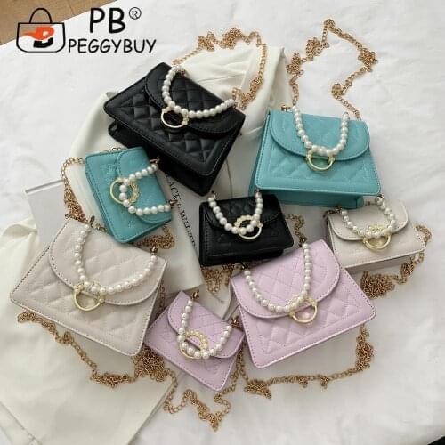 2021 Pleated Female Handbag Fashion Women Lattice Pattern PU Crossbody Bag Casual Pearl Chain Small Handbags Women