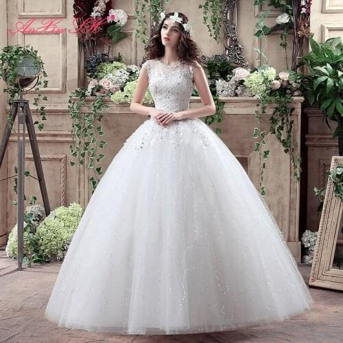 AXJFU princess flower lace white wedding dress vintage o neck beading flower crystal sleeveless ball gown white wedding dress