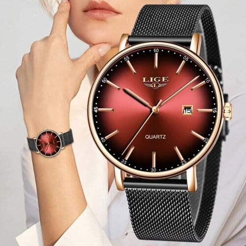LIGE Women Watches Top Brand Luxury Ladies Mesh Belt Ultra-thin Watch Stainless Steel Waterproof Clock Quartz Watch Reloj Mujer