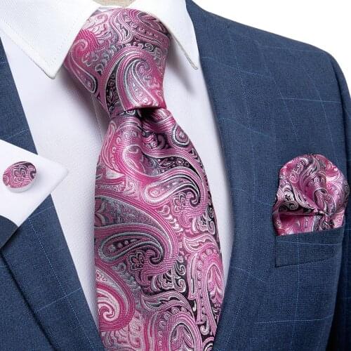 DiBanGu Pink Paisley Mens Ties Pocket Square Cufflinks Set Silk Tie For Men Formal Wedding As Gift For Men Necktie MJ-1552