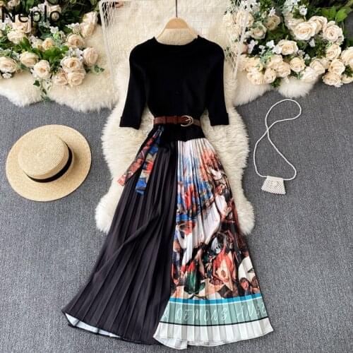Neploe Elegant Women Dress O-Neck Short Sleeve High Waist Robe Contrast Color Pleated Print Dress Fashion Elegant Vestidos Mujer
