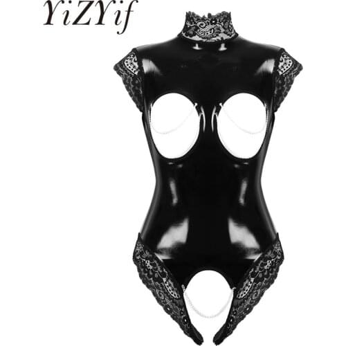 Womens Wet Look Patent Leather Lingerie Bodysuit Open Cup Open Crotch Nightwear Open Breast Crotchless Lace Trimmed Bodysuit