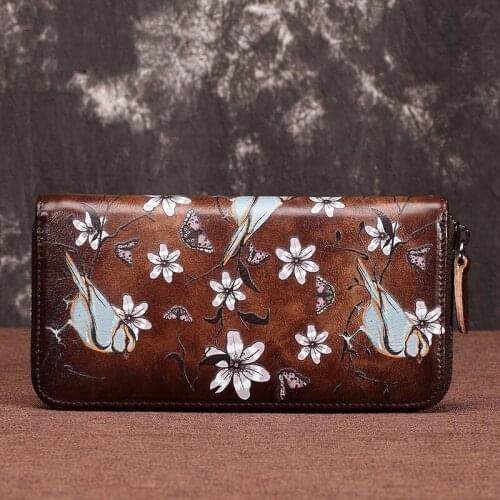 Retro Hand Painted Womens Wallets and Purses 2021 New Female Genuine Leather Phone Purse Wallet Party Card Holder Hand Wallet