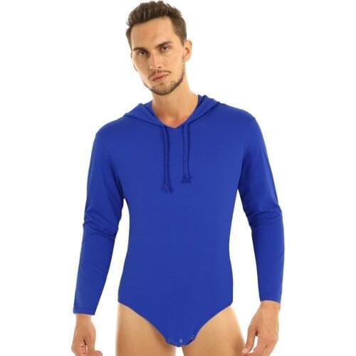 Men Adults One-piece Sexy Cosplay Bodysuit Jumpsuit Long Sleeves Press Open Crotch Hoodie Bodysuit Romper Pajamas Nightwear