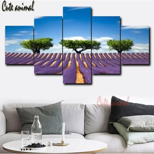 DIY Square Round Drill Mosaic Diamond Painting Purple Lavender Tree Field landscape Cross Stitch 5D Diamond Embroidery 5 pcs set