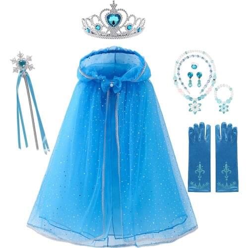 Elsa Dress up Girl Sequin Bow Hooded Cloak Princess Accessories Aurora Cape Crown Magic Wand Necklace Glove Set Cosplay Mantle