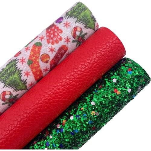 Christmas Trees Socks Printed Glitter Leather Fabric Red Litchi Solid Synthetic Leather Fabric Sheets For BOWS DIY 21X29CM G548