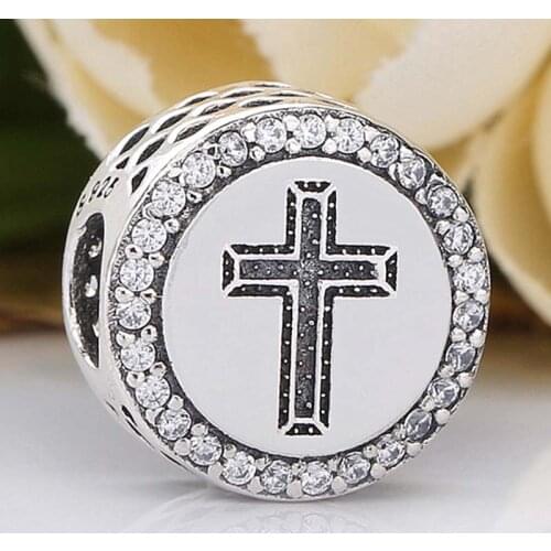 Original Openwork Faith & Cross With Clear Crystal Bead Fit 925 Sterling Silver Bead Charm Bracelet Bangle DIY Jewelry