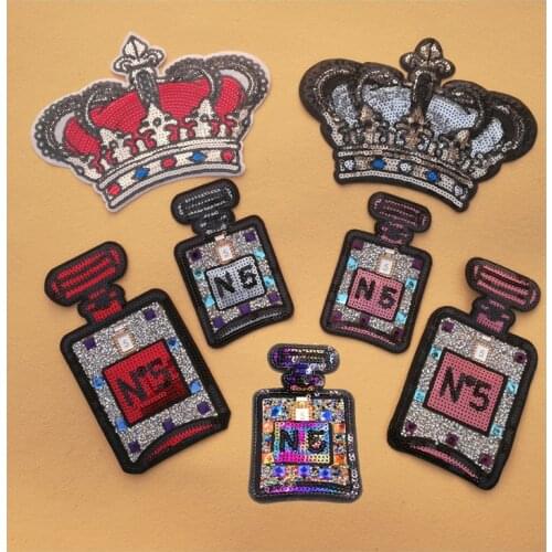 Embroidery Sequin red crown patch diamond perfume bottle iron On Patches for Clothing DIY t shirt accessories transfer applique
