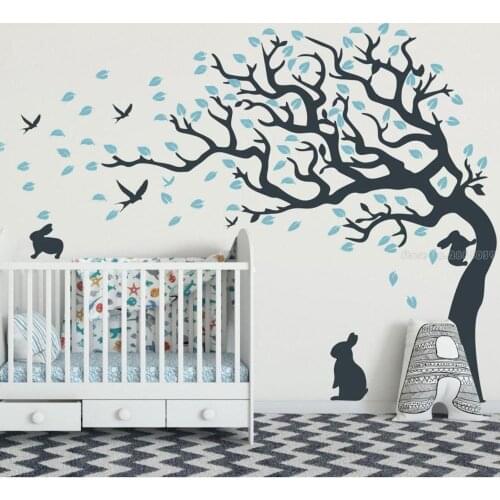 Fluffy Bunnies With Tree Wall Decal Tree And Leaves Sticker Baby Nursery Decoration Forest Decor Woodland Wall Stickers LL2464