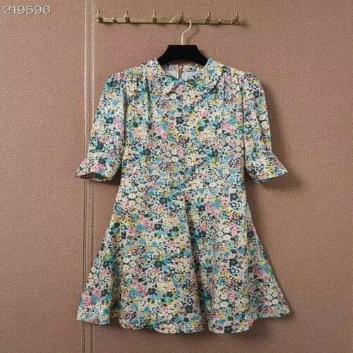 Luxury Runway Design 100% Silk Dress Flowers Print Women 2021 Summer Half Sleeves Sexy Mini Dress Wave Contrast Dresses