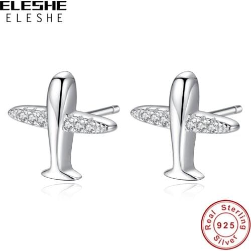 ELESHE Wholesale Authentic 925 Sterling Silver with Clear CZ Airplane Stud Earrings For Women Original Trendy Jewelry Making