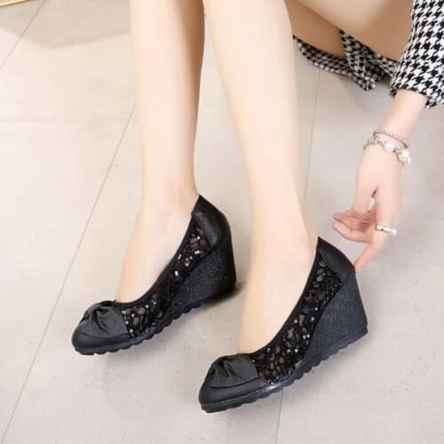 Tilocow Bling Hollow Out Platform Pumps Cut-outs Wedges Shoes Woman Genuine Leather Increasing Women Pumps High Heels Shoes