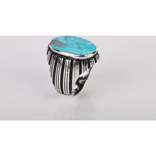 UM US JEWELRY Turquoise Natural Stone Hand Embroidered 925 Sterling Silver Men Ring