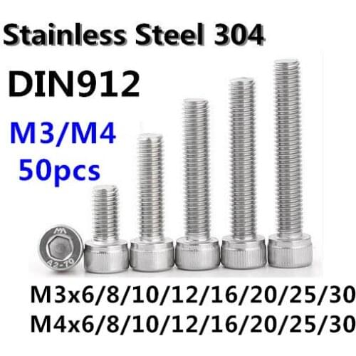 50pcs/lot DIN912 M3/M4 Stainless Steel Screw Hex Socket Head Cap Screw M3/M4*6/8/10/12/16/20/25/30mm screw Bolt