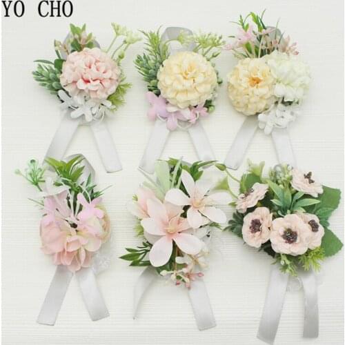 YO CHO Artificial Corsage Unique Groom Boutonniere Bride Wrist Corsage Girl Bracelet Pink Rose Orchid Wedding Planner New Flower